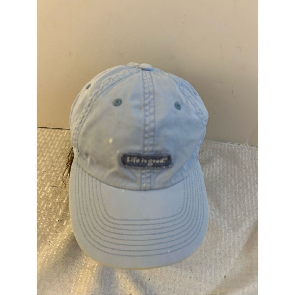 Life is Good baseball hat cap light blue (bleach splatter)